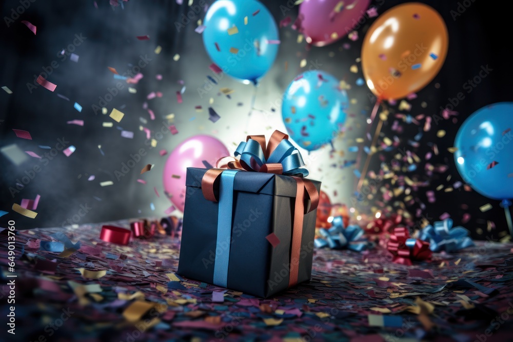 Poster a colorful gift box is surrounded by vibrant balloons and confetti, creating a festive atmosphere. t