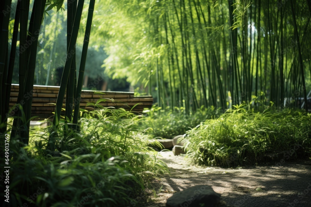 Poster a peaceful scene of a bench surrounded by lush bamboo trees. this serene image can be used to convey