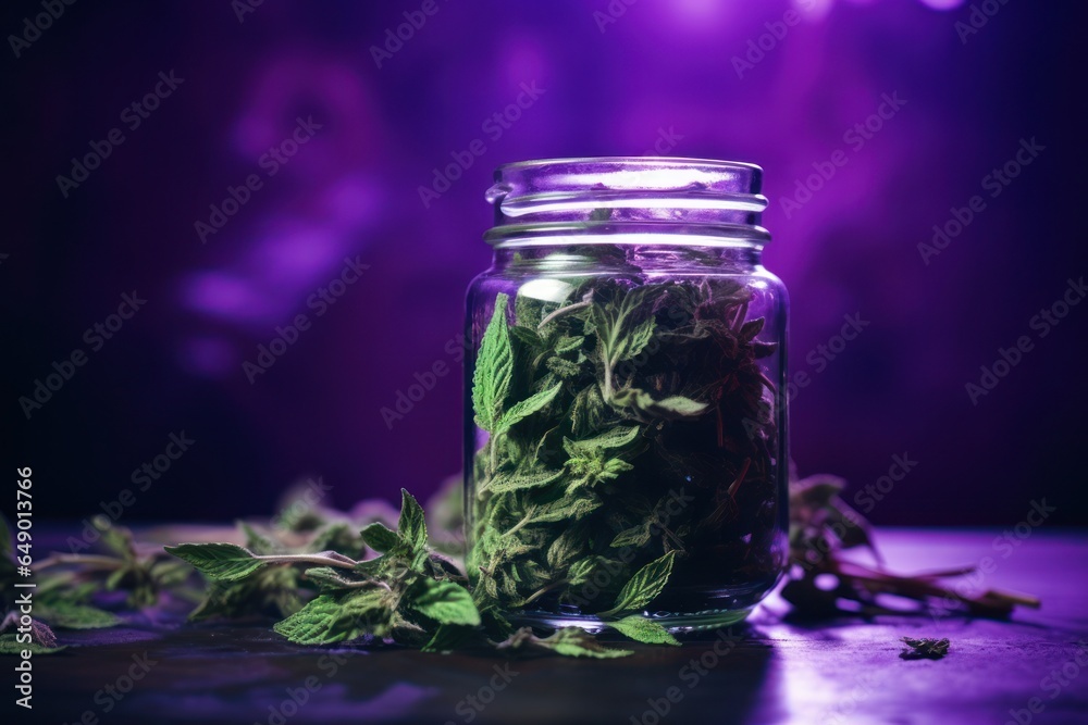 Poster a glass jar filled with green plants sitting on a table. perfect for adding a touch of nature to any
