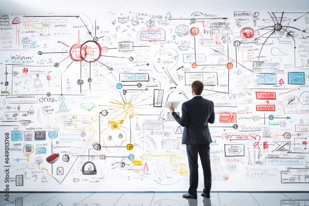 Poster A man standing in front of a wall covered in doodles. This image can be used to represent creativity, imagination, or artistic expression. It can also be used in educational or office-related designs.