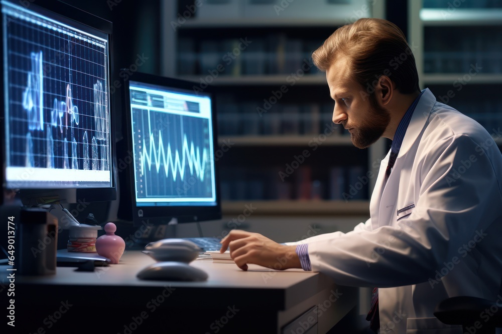 Poster A man wearing a lab coat is seen working diligently on a computer. This image can be used to depict a scientist, researcher, or professional working in a laboratory or scientific setting.
