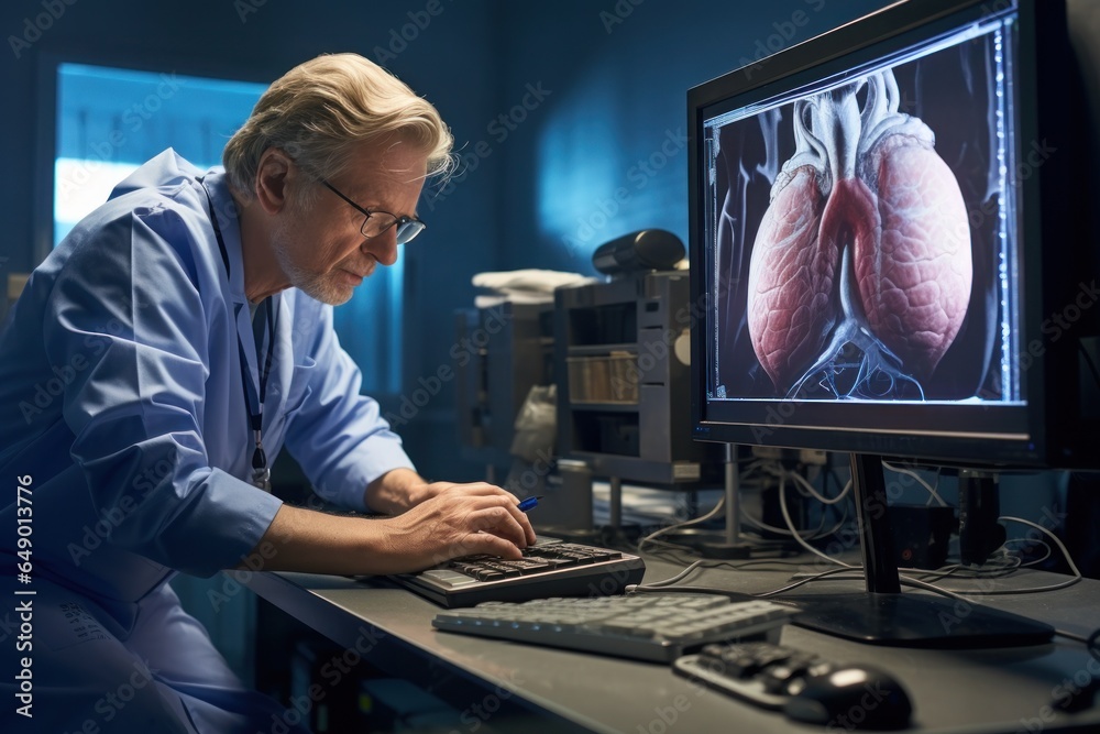 Poster a man sitting in front of a computer monitor. perfect for illustrating technology, work, or online a