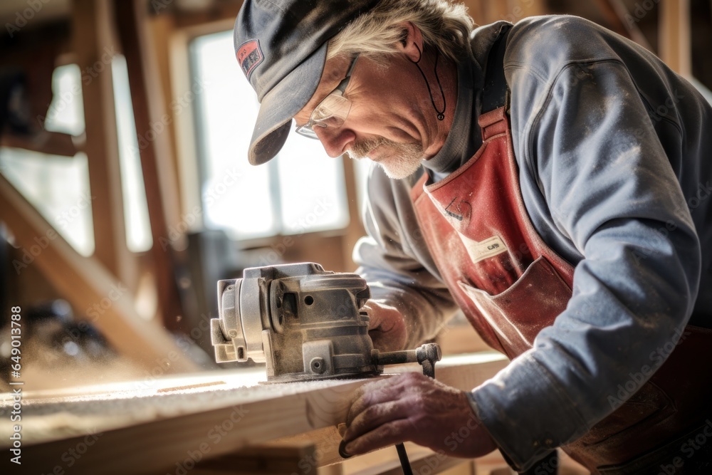 Poster a man is using a circular saw to cut a piece of wood. this image can be used to illustrate woodworki