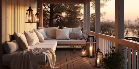 AI Generated. AI Generative. Vintage retro modern scandinavian style porch veranda sofa with table sitting relax place with many flowers and plants. Graphic Art