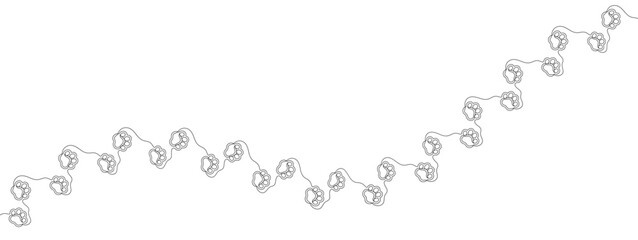 Paw prints. Footprint pet, dog, cat. Continuous line. Black silhouette hand drawn steps isolated on white background. Drawing single outline. Foot puppy. Cute track print design. Vector illustration