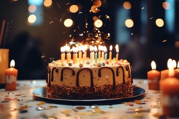 A picture of a birthday cake with candles lit up, ready for celebration. Perfect for birthday party invitations or social media posts. - obrazy, fototapety, plakaty