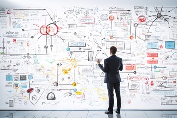 A man standing in front of a wall covered in doodles. This image can be used to represent creativity, imagination, or artistic expression. It can also be used in educational or office-related designs.