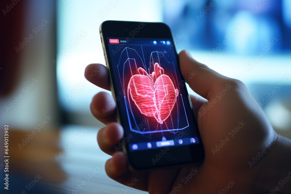 Poster a person is seen holding a smart phone displaying a heart scan. this image can be used to depict med