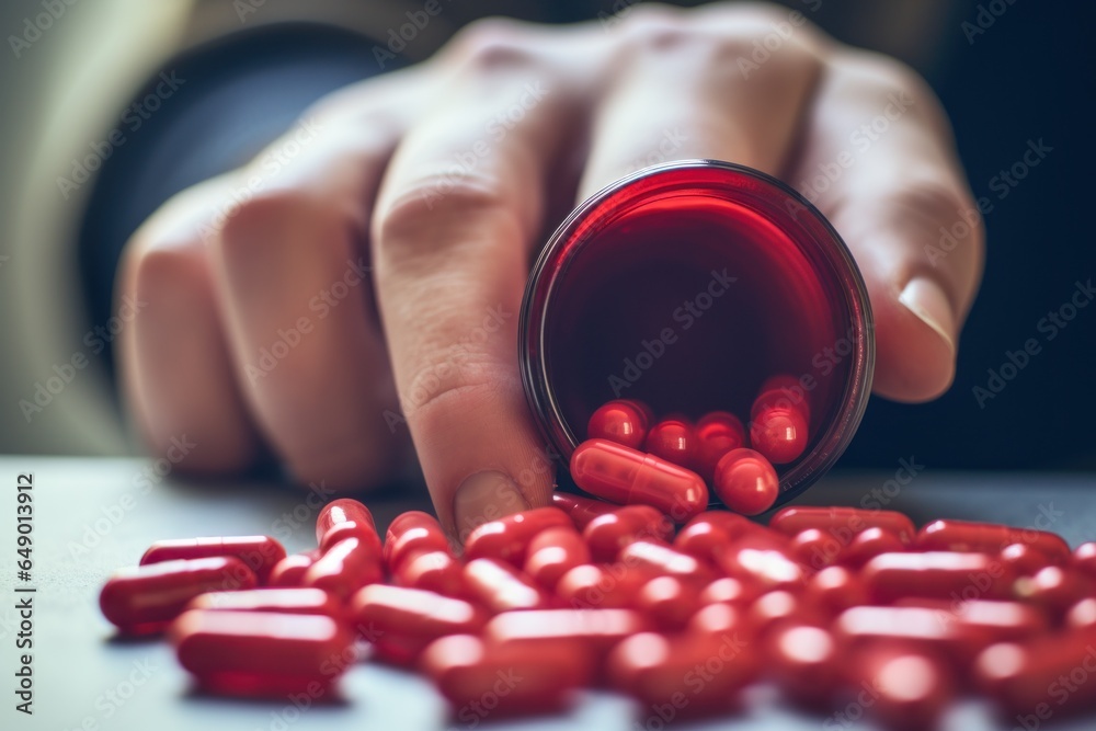 Poster a close-up image of a person holding a red pill. this image can be used to represent choices, decisi
