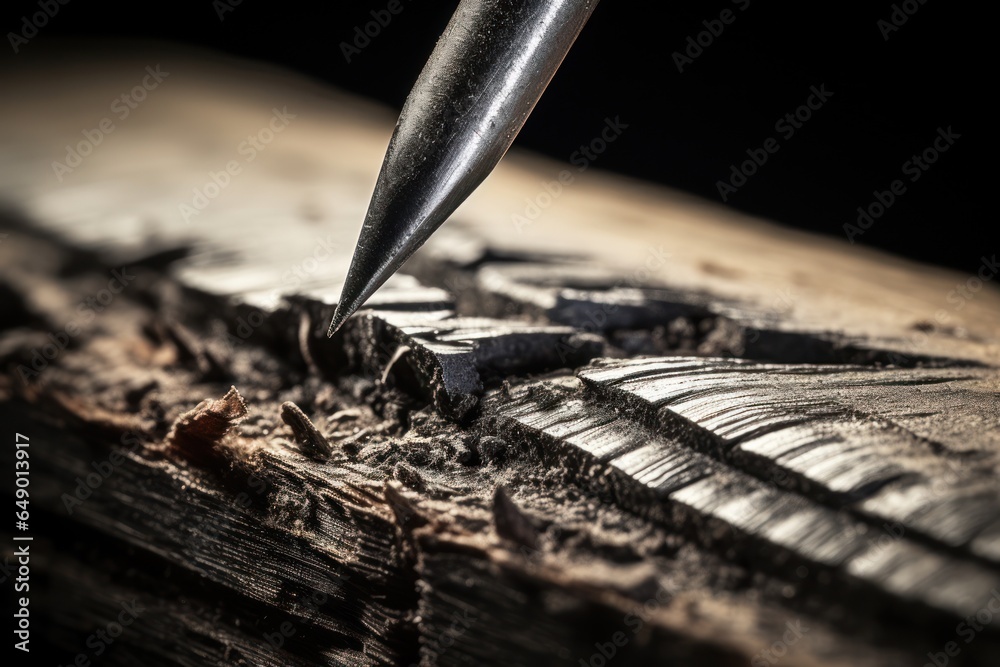 Poster a close-up image of a knife cutting through a piece of wood. this versatile image can be used to dep