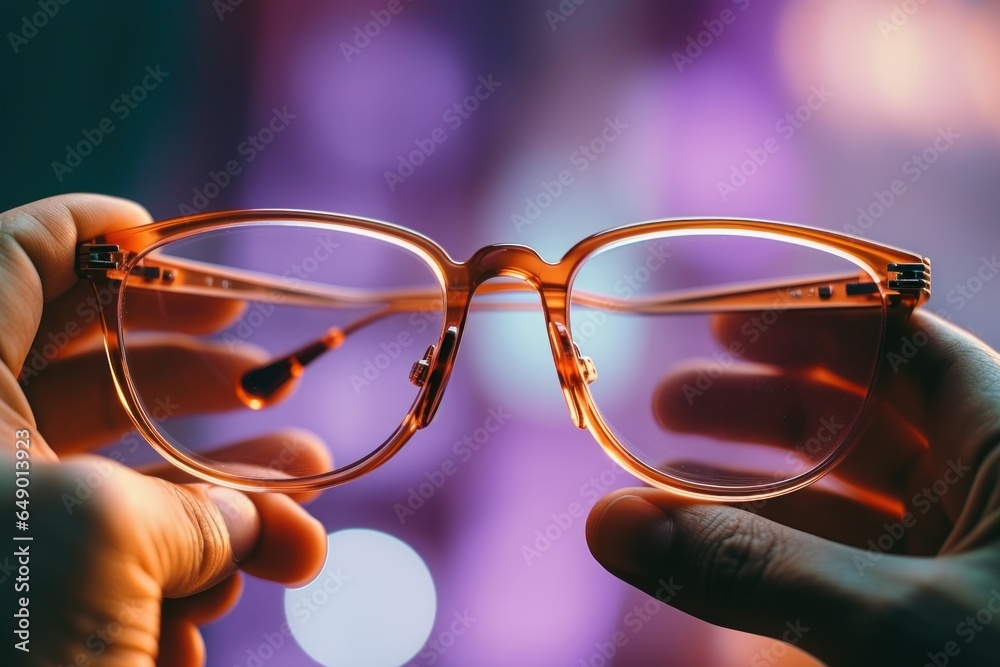 Poster A close-up view of a person holding a pair of glasses. This image can be used to depict concepts such as vision, eyesight, eyewear, fashion, style, or reading.