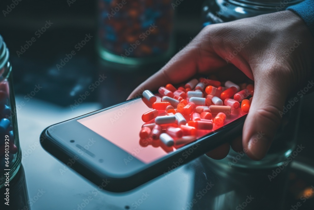 Poster a person holding a smartphone over a pile of pills. this image can be used to illustrate technology 