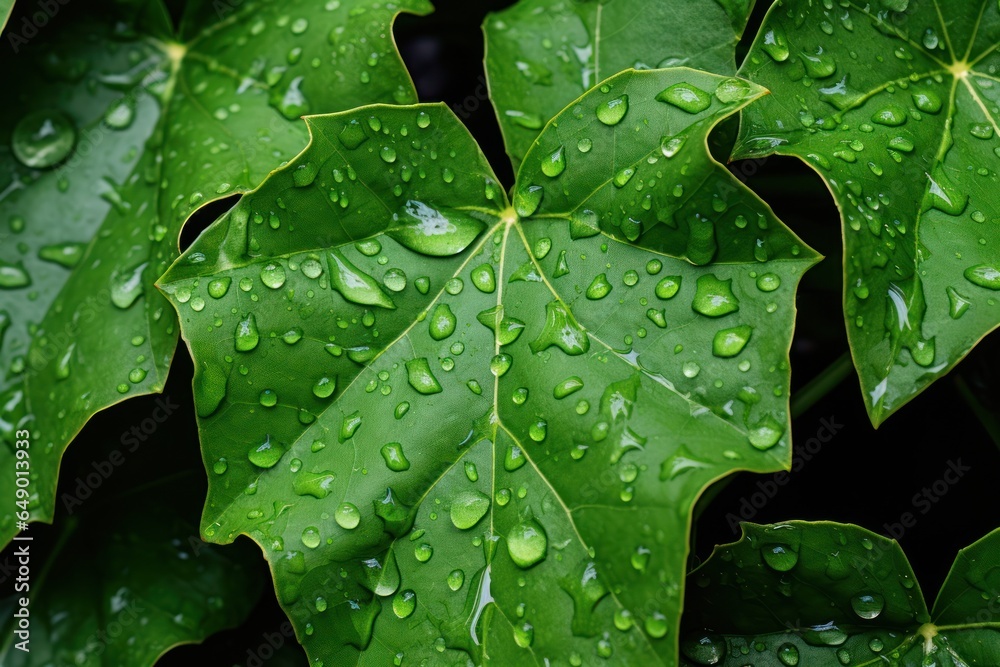 Poster a detailed view of a leaf with sparkling water droplets. perfect for nature or environmental themes.