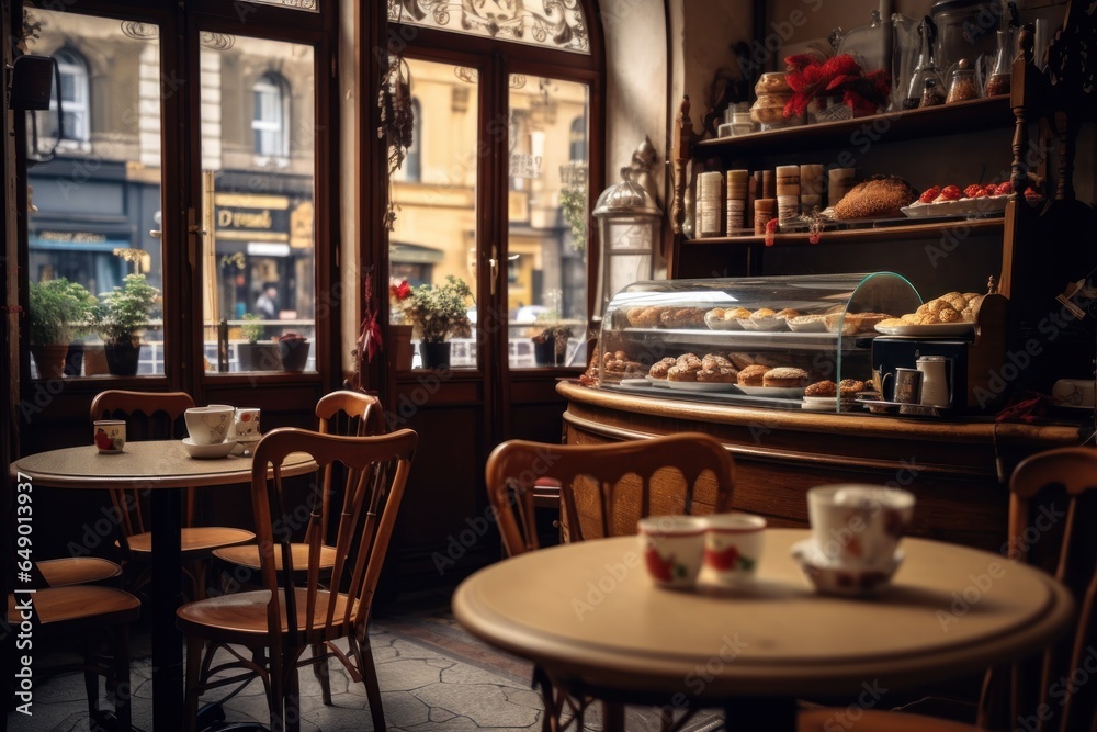 Poster a table with a cup of coffee placed in front of a bakery. perfect for showcasing the cozy atmosphere