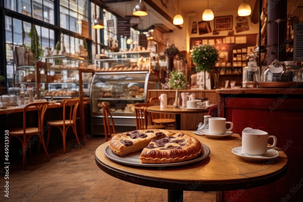 Poster a table set with a plate of delicious food and a cup of steaming coffee. perfect for illustrating a 