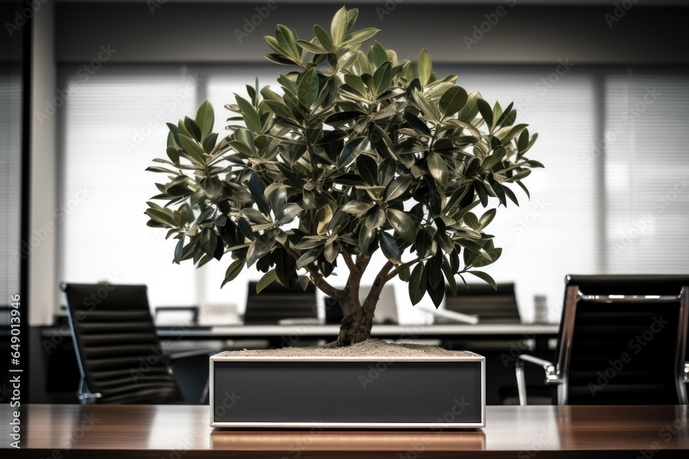 Poster A bonsai plant displayed in a pot on a table. This image can be used to add a touch of nature and tranquility to various design projects.