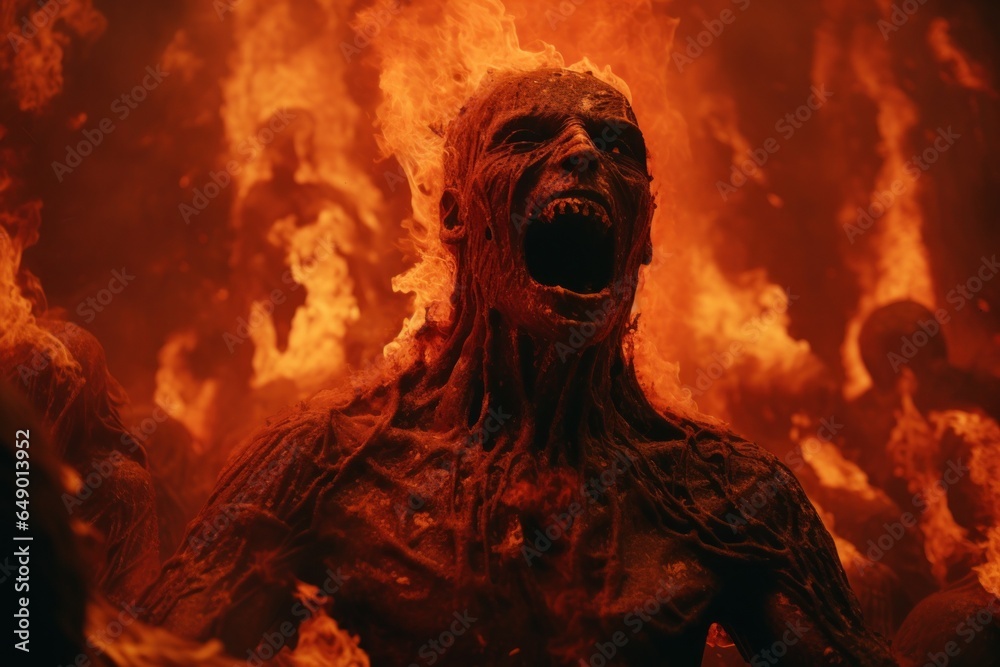 Poster a chilling image of a man in a room engulfed in flames. perfect for illustrating danger or intense s