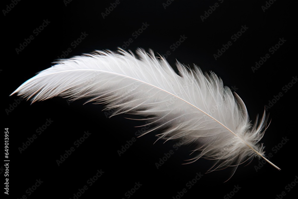 Poster A simple yet striking image of a white feather set against a black background. Perfect for adding a touch of elegance and contrast to any design project or creative composition.