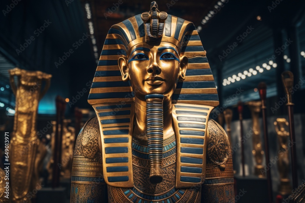 Poster An image of a statue of an  pharaoh displayed in a museum. This picture can be used to depict ancient history and culture.