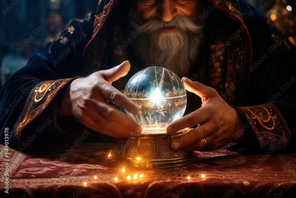 Poster a man is holding a crystal ball in his hands. this image can be used to depict concepts such as fort