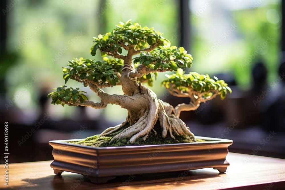 Poster a bonsai tree sits gracefully on top of a wooden table. this image can be used to showcase the beaut