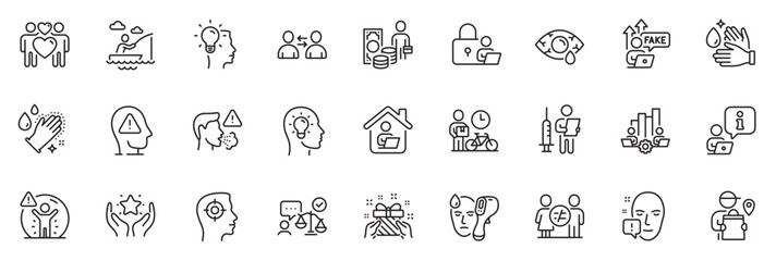 Icons pack as Vaccination announcement, Wash hands and Gift line icons for app include Delivery man, Boat fishing, Conjunctivitis eye outline thin icon web set. Face attention, Lawyer. Vector