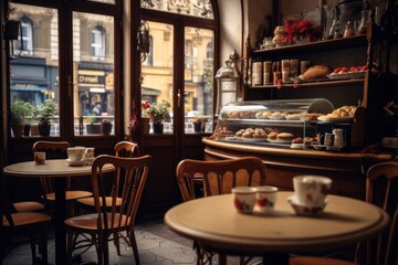 Fototapeta premium A table with a cup of coffee placed in front of a bakery. Perfect for showcasing the cozy atmosphere of a bakery and the enjoyment of a hot beverage.