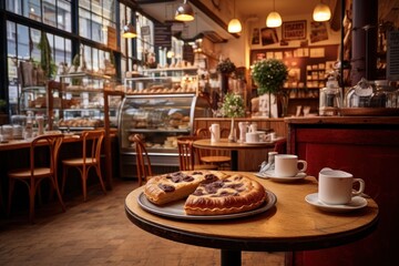 Fototapeta premium A table set with a plate of delicious food and a cup of steaming coffee. Perfect for illustrating a cozy meal or a relaxing coffee break.