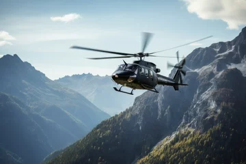 Foto auf Acrylglas A helicopter is flying over a majestic mountain range. This image captures the beauty of nature and the thrill of aviation. Perfect for travel magazines, adventure blogs, and aviation-themed websites. © Fotograf