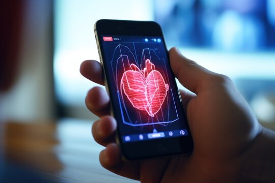 A person is seen holding a smart phone displaying a heart scan. This image can be used to depict medical technology and advancements in healthcare.
