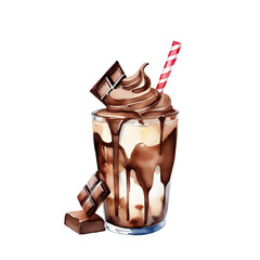 Chocolate milkshake, cocktail in glass with red straw on white background in watercolor style, vector