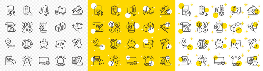Outline Medical phone, Dice and Vaccine announcement line icons pack for web with Ab testing, Energy price, Mindfulness stress line icon. Bell alert, Presentation board. Vector