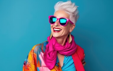 Portrait of Healthy Mature Woman in Brightly Colored Clothes and Sunglasses. Generative AI