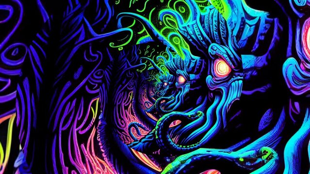 Cthulhu Trippy Blacklight Poster Style VJ Seamless Animation Looping Video Neon Colors Strange Nightmare Gods HP Lovecraft Halloween Monsters Tentacle Sea Kraken Otherworldly Alien Scifi Fantasy