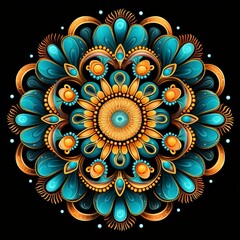 mesmerizing psychedelic mandala in dark turquoise and light amber, Generative AI