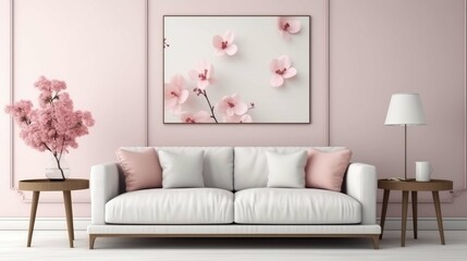  pink and white modern living room with sofa and frames