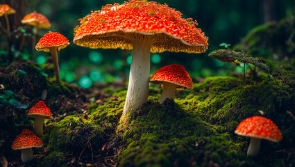 Beautiful fly agaric mushrooms close-up - obrazy, fototapety, plakaty