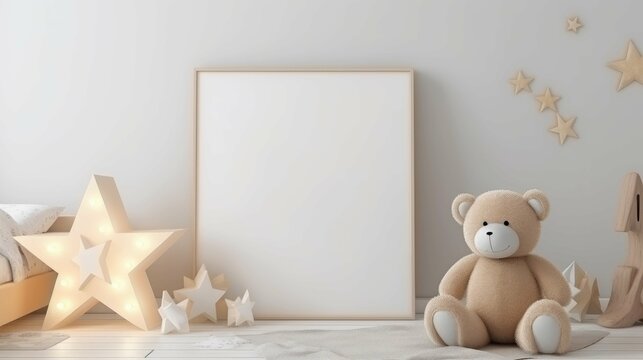 White children's room with teddy bears and blank picture frames 