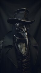 Dark and Mysterious Plague Doctor Portrait. Plague Doctor in a Black Coat and Plague Mask. Generative AI