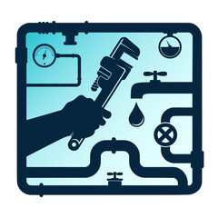Wrench in the hand of a plumber. Water pipe system. Plumbing repair and service