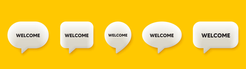 Welcome tag. 3d chat speech bubbles set. Wedding invitation offer. Hello or thank you message. Welcome talk speech message. Talk box infographics. Vector