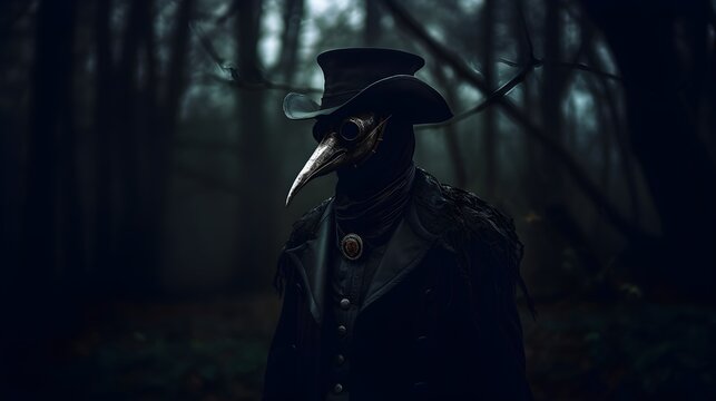 A Plague Doctor in a Misty Woodland Scene. Mysterious figure in plague doctor mask in foggy forest. Generative AI