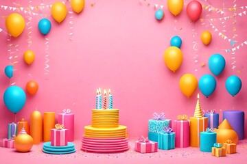 Birthday balloons and happy birthday cake with colorful candles