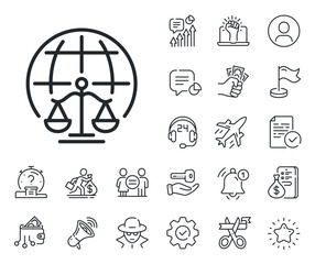 Fototapeta premium Justice scales sign. Salaryman, gender equality and alert bell outline icons. Magistrates court line icon. Internet law symbol. Magistrates court line sign. Spy or profile placeholder icon. Vector