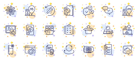 Fototapeta na wymiar Outline set of Earphones, Refrigerator and Cloud communication line icons for web app. Include Recovery tool, Seo gear, Certificate pictogram icons. Versatile, Seo devices. Vector
