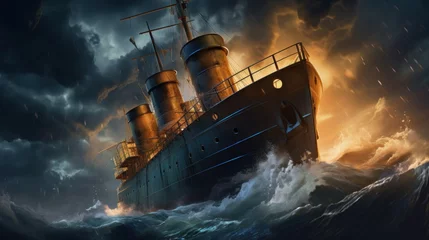 Selbstklebende Fototapete Schiffswrack A ship in rough waters in an ominous sky