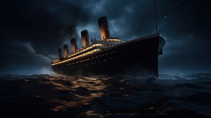 A ship in rough waters in an ominous sky