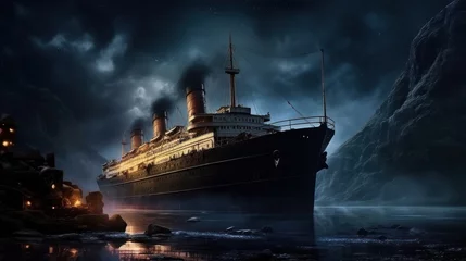 Fotobehang A ship in rough waters in an ominous sky © olegganko