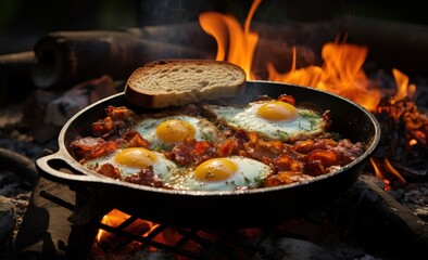Fototapeta premium Bacon, eggs & breakfast on an open fire