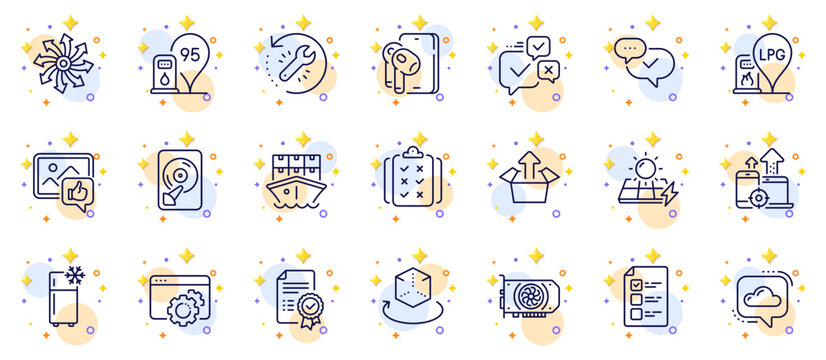 Outline set of Earphones, Refrigerator and Cloud communication line icons for web app. Include Recovery tool, Seo gear, Certificate pictogram icons. Versatile, Seo devices. Vector